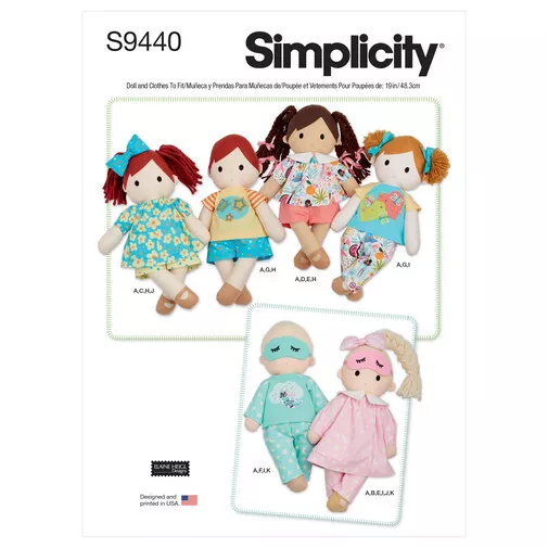 Simplicity Sewing Pattern 9440 Soft Stuffed Dolls 19" Plush Dolls with Clothes