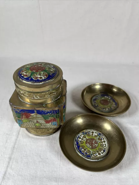 Vintage Chinese Champleve Brass And Enamel Tea Caddy 3” w/Two Matching Dishes 3”