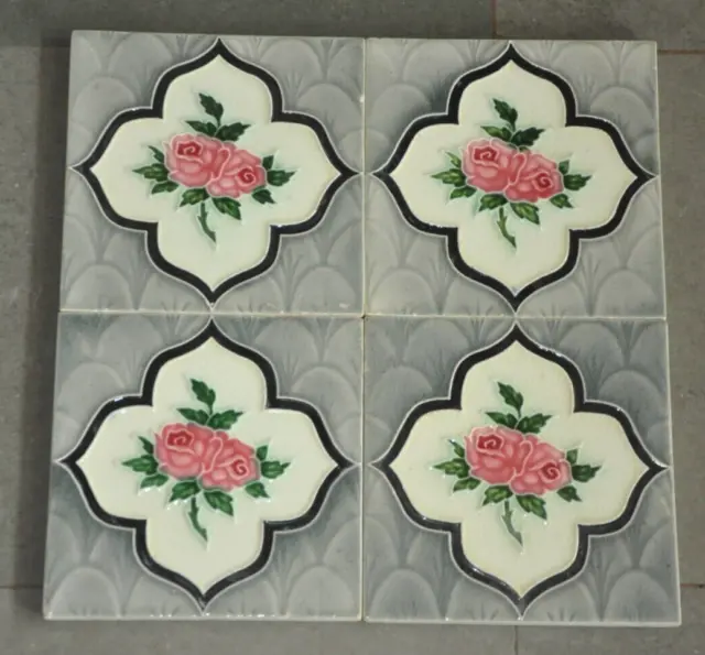 4 Pc Vintage Rose Flower Embossed Art Nouveau Architecture Tiles,Japan
