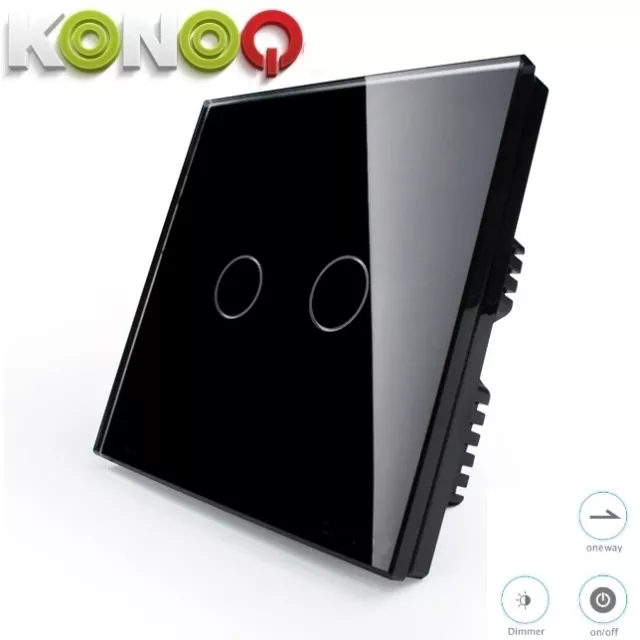 KONOQ Glass Panel Touch LED Light Smart Switch:BLACK TOUCH DIMMER 2GANG/1WAY