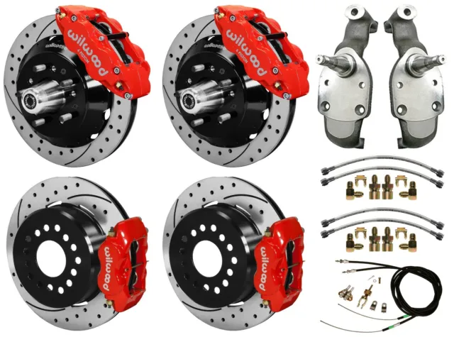 Wilwood Disc Brakes,14" Front & 12" Rear,2" Drop Spindles,59-64 Impala,Drill,Red