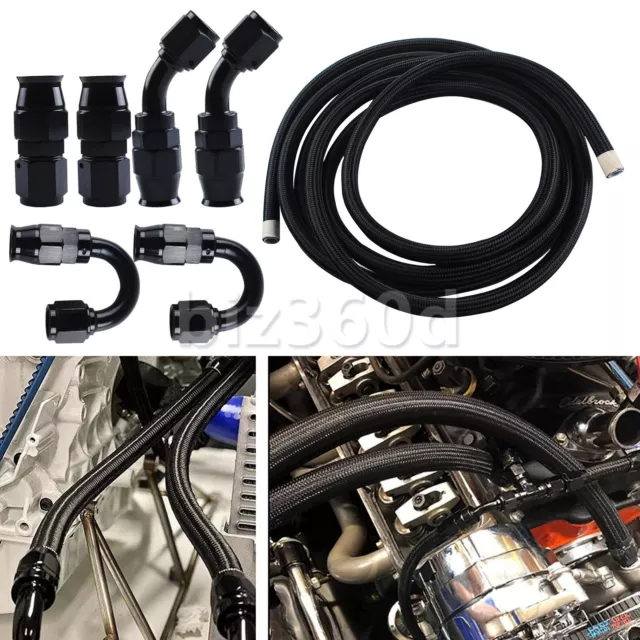 8AN -8AN Black Nylon Braided E85 PTFE Fuel Line 12FT 6 Fittings Hose kit E85