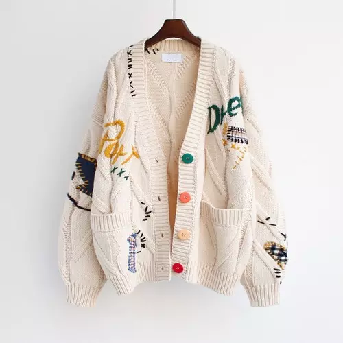 Women Cardigan Knitted Jacket Pocket Embroidery Knit Cardigans Loose Sweaters