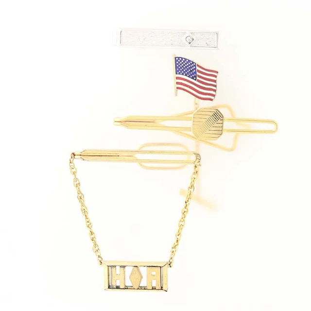 Vintage Tie Bar Clips & Tie Tac Pin 4 Piece Patriotic American Flag Monogram