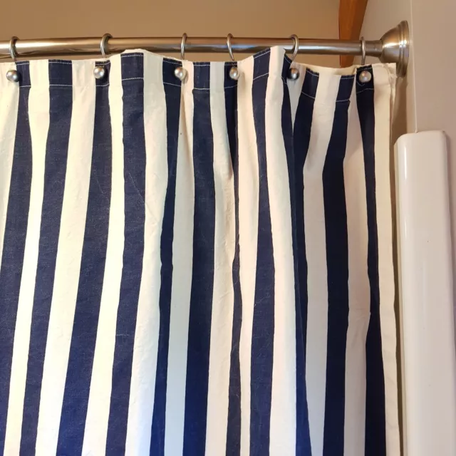 Nautical Striped Shower Curtain Navy Blue White Cotton Canvas Fabric Coastal 67"