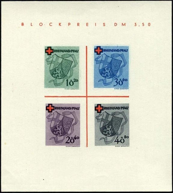 RHEINLAND PFALZ Bl. 1I/V (*), 1949, Bl. Rotes Kreuz, Type V: roter Querbalken de