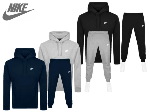 Mens Nike Club Logo Tracksuit Hoodie and Jogging Bottoms Set Black Navy or Grey