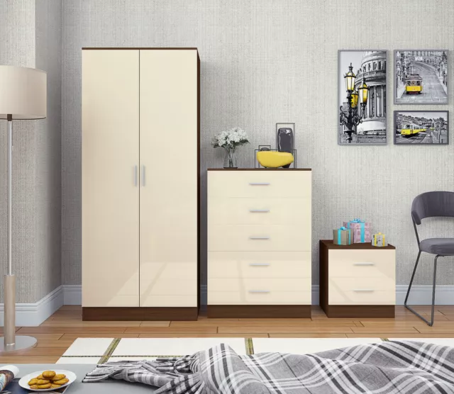 REFLECT High Gloss Cream and Walnut Bedroom Furniture Wardrobe Chest Bedside