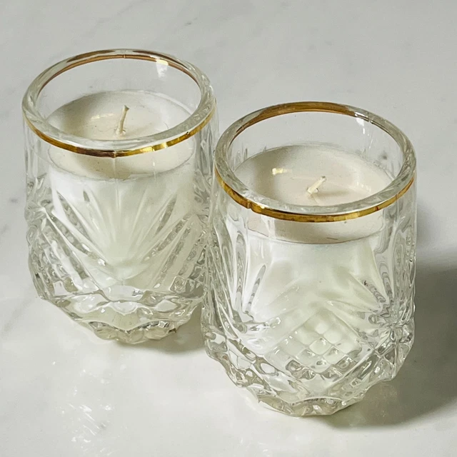 Set of 2 Crystal & Glass Votive Tealight Candle Holders with Candles 4"  - BB