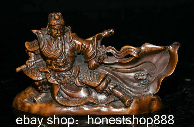 5.6" Old Chinese Boxwood Hand-carved Feng Shui Guan Gong Yu General Sculpture