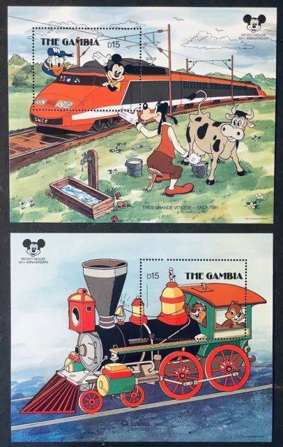 Gambia Historic Locomotives Disney Stamps Ss Set 1987 Mnh Mickeys 60Th Train