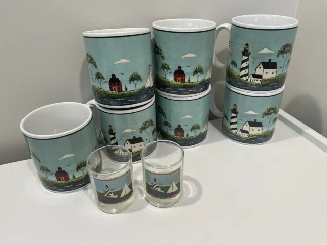 7 Warren Kimble COASTAL BREEZE 1998 Sakura Coffee Cup Mugs & 2 candle holders
