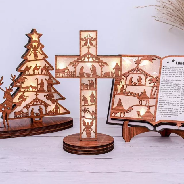 Easter 3D Wooden Nativity Scene Book Display with Light, LED Wood Nativity Set 3