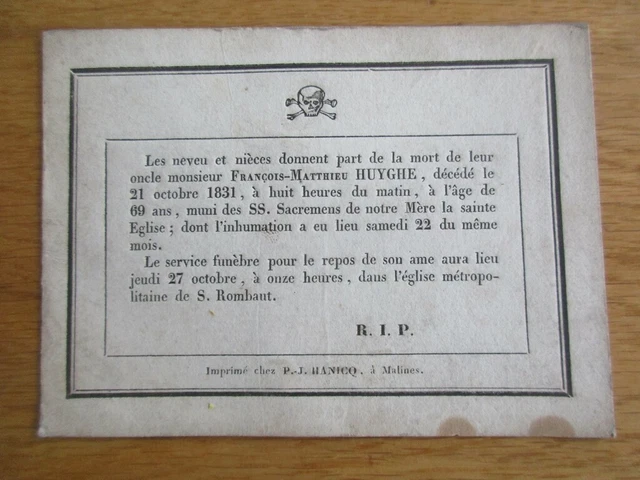 FAIRE PART DECES Francois Mathieu Huyghe 1831 St Rombaut Malines EUR 5 ...