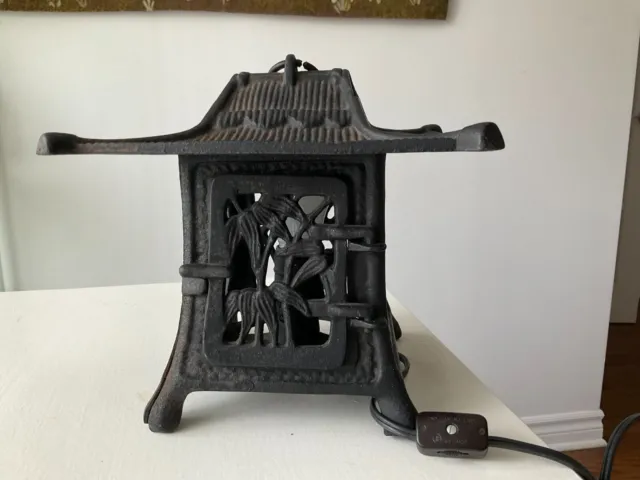 Old Japanese Cast Iron " Bamboo& Flowers" Black Pagoda Shape Lamp / Lantern