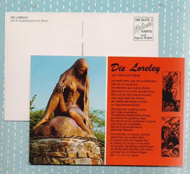 BRD-Postkarte mit Plastik der Loreley + Text von Heinrich Heine, St. Goarshausen