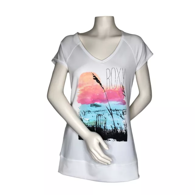 Roxy Top Womens Athleisure Large White Keyhole Back Sunset Design