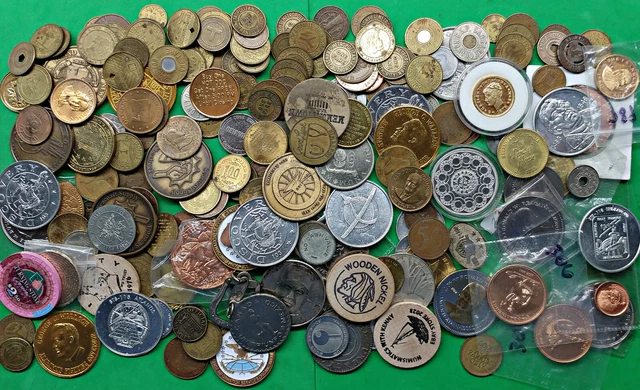 Bag of 3.3  lbs Pounds Mixed Lot Tokens Exonumia Medals etc World Foreign Look !