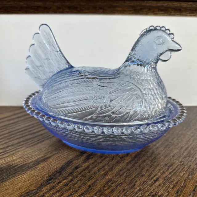 Indiana Glass Light Blue Glass Chicken/Hen On A Nest Candy Dish Vintage