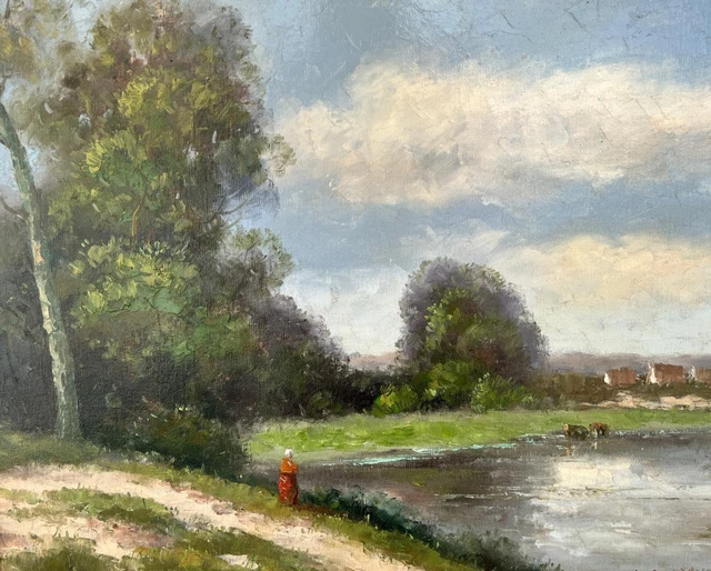 PASTORAL OIL PAINTING Landscape Impressionist Art Cows Trees Lake Farm