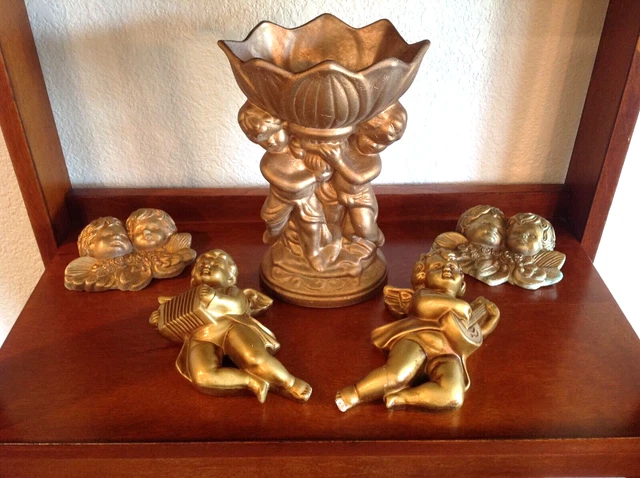 VINTAGE CHERUB VASE and Wall Gold Toned Decor Chalkware, Plastic