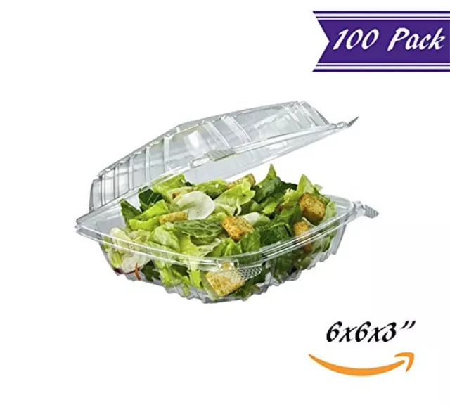 (100 Pack) 6"x 6"x 3" Clear Hinged Take-Out Containers with Snap-On Corners