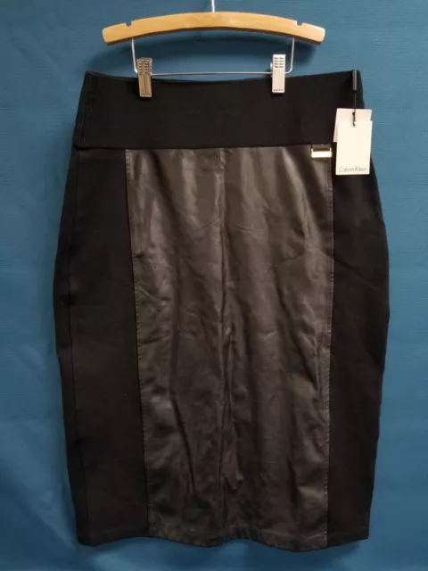 NWT Calvin Klein Women's Sz M Black Faux Leather Stretch Pencil Midi Skirt