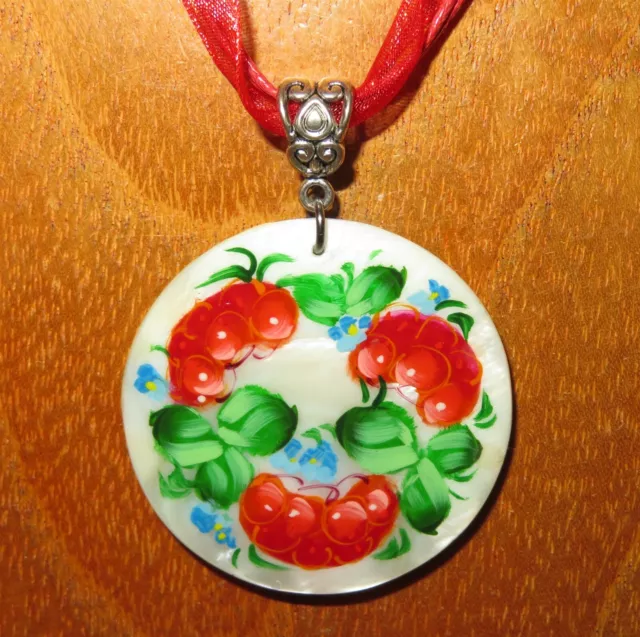 PENDANT RED BERRIES BLUE FLOWERS Zhostovo Genuine hand painted SHELL Lovely GIFT