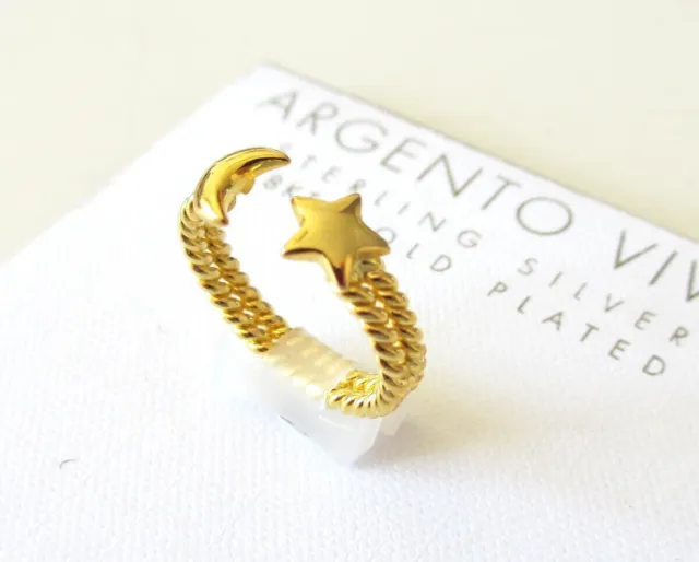 Argento Vivo 18 KT Gold Plated Sterling Silver Moon/Star Celestial Ring Sz 6 NEW