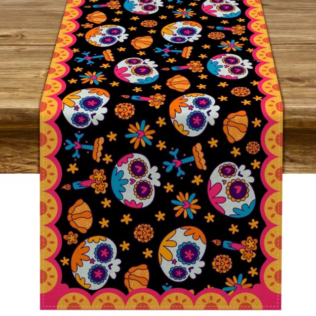 Day of The Dead Table Runner Sugar Skull Marigold Dia De Los Muertos T...