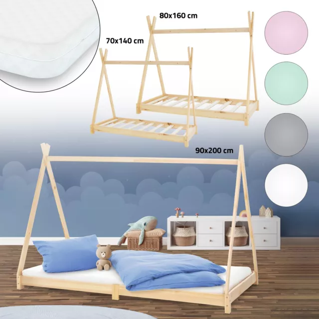 Lit tipi pour enfants style indien en bois massif avec sommier à lattes á choix