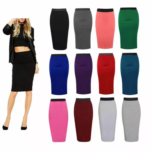 Ladies Plain Office Womens Stretch Bodycon Midi Pencil Skirt Plus Size UK 8-26