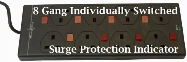 8 Gang Surge Protected Switched Extension Lead 2 Metres Lead UK Mains Plug Black