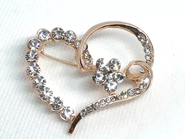 heart Rhinestone Brooch pin 2"x 2" GIFT gold tone Christmas gift idea #5