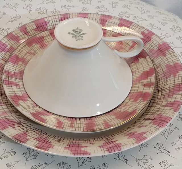 Vintage Teacup Saucer Luncheon 3 PC Set Pink Gold Atomic Baveria J. Kronester 3