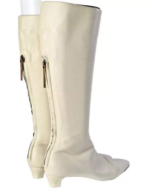 Vintage LOUIS VUITTON Off White Leather Square Toe Knee High Boots Size 34.5