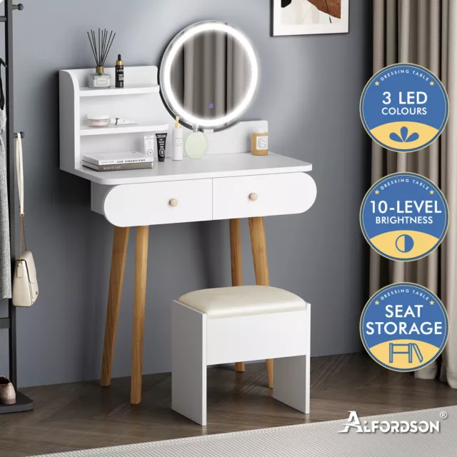 ALFORDSON Dressing Table Stool Set Makeup Mirror Desk LED Lights White