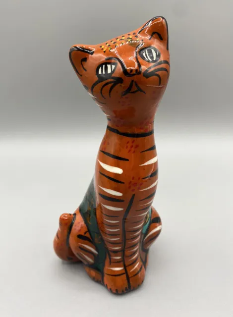 Talavera Red Clay Pottery Hand Painted Cat Orange Red Yellow Flowers Kitten