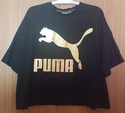 T-shirt donna Puma nera e oro crop sciolto taglia XL UK16