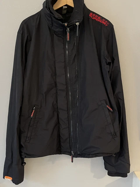 Superdry Double Black Label Jacket Mens XL Black Red Logo Double Zip Coat