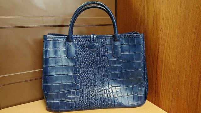 LONGCHAMP ROSEAU CROC EMBOSSED Leather Handbag Tote Blue Navy [Very Good] 2