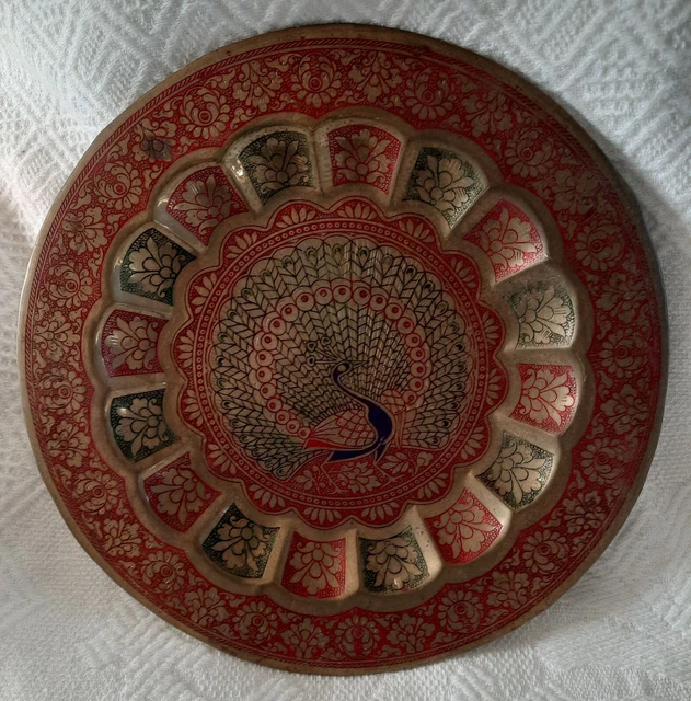 Vintage Brass Peacock Plate Metal Tray Enameled Etched Wall Hanging Decorative