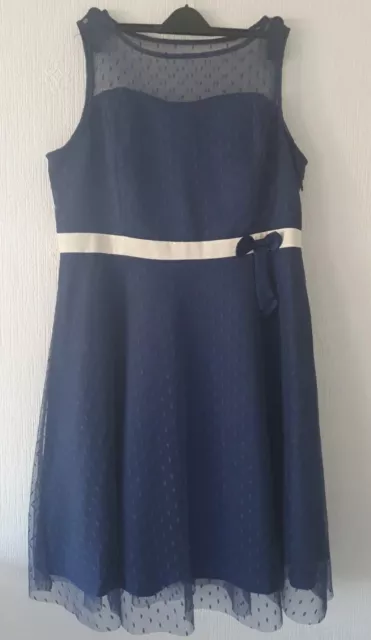 Nwt Lindy Bop Vintage Inspired Dress Fully Lined Blue Bow Mesh Spotty Uk 22