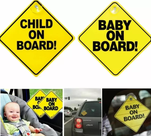 2 x Baby child on Board Safe Car Signs Suction Cup Passenger Warning Kids Safety