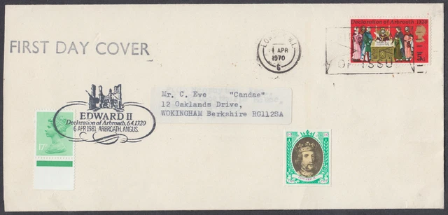 1970 Declaration of Arbroath 5d FDC; London W1 FDI Slogan; + 1981 SHS + Label