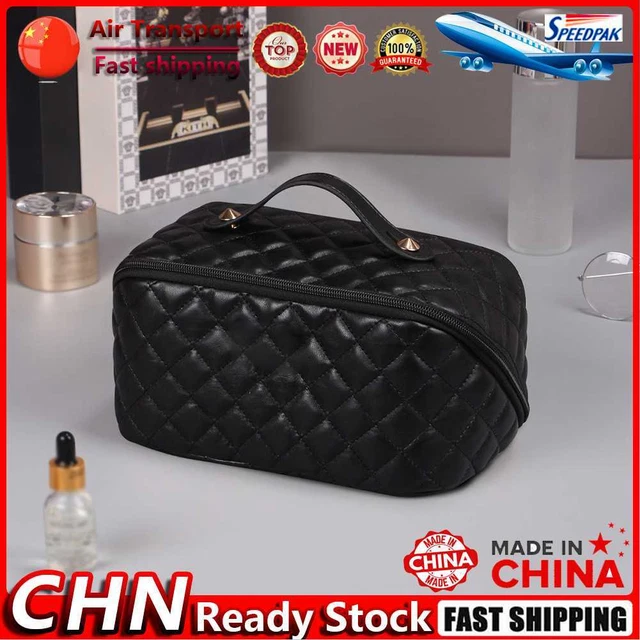 Quilted Cosmetic Bag Portable PU Leather Wash Bag for Gym Fitness (Black) Fr