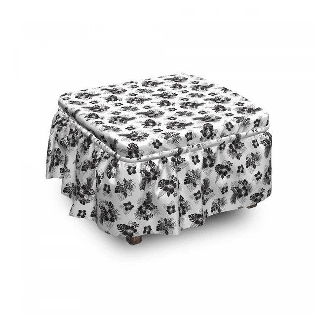 Ambesonne Floral Leaves Ottoman Cover 2 Piece Slipcover Set and Ruffle Skirt