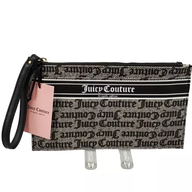 Juicy Couture Gothic Logo Stripe Wristlet Black Beige 10" New With Tags