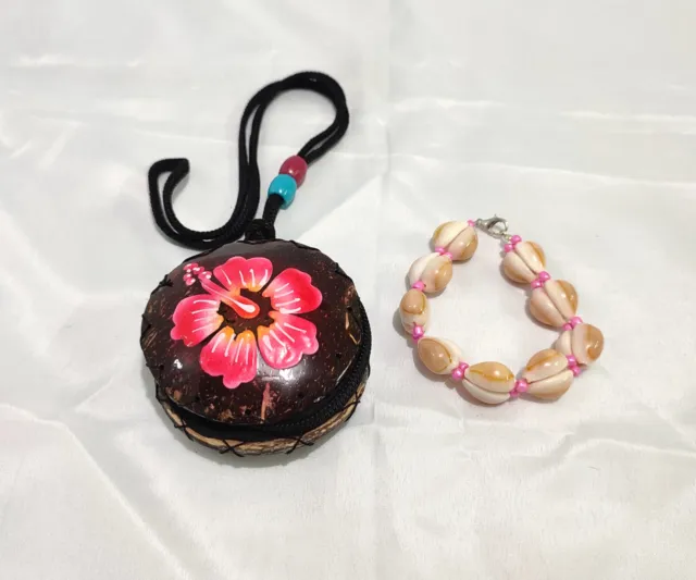 Coconut Coin Wallet with Painted Pink Flower Art Bundled with Seashell Bracelet