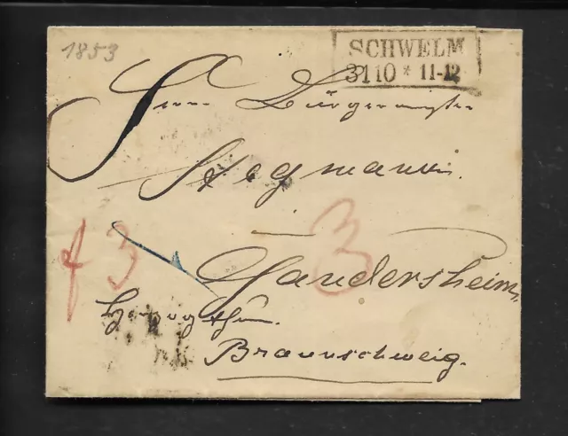 Preußen - markenloser Brief Schwelm - Gandersheim Rückseite Bahnpost 1853